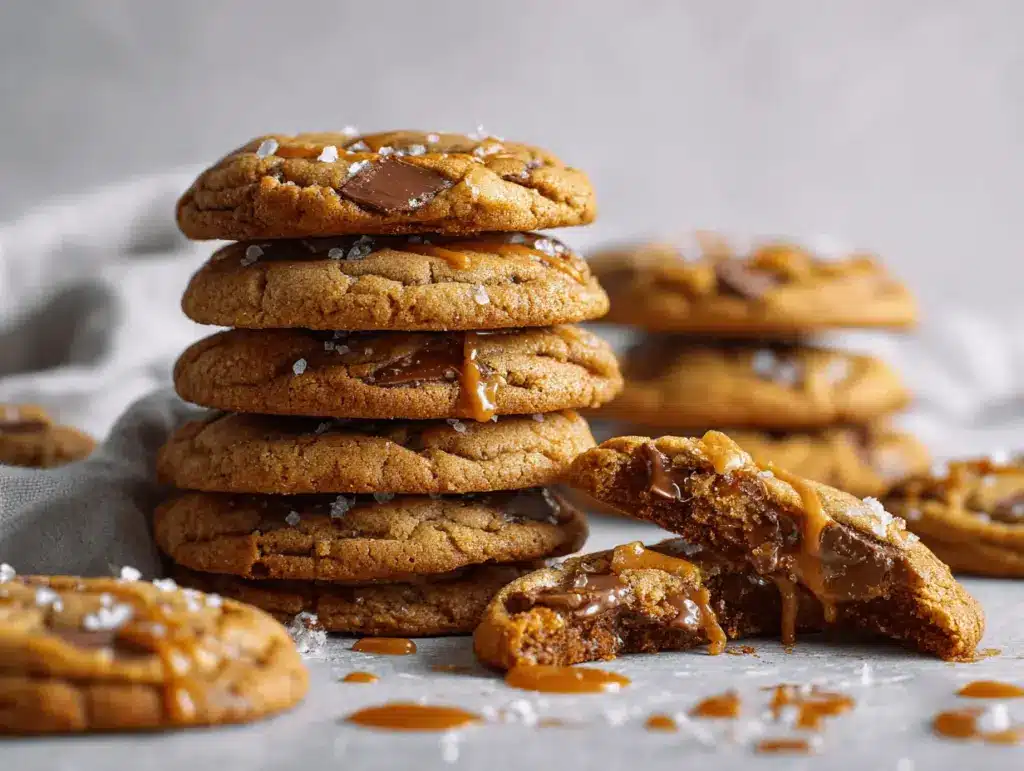 brown butter salted caramel chocolate chip cookies - featured image