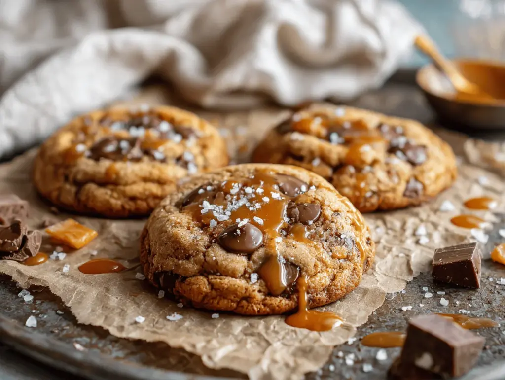 brown butter salted caramel chocolate chip cookies - featured image