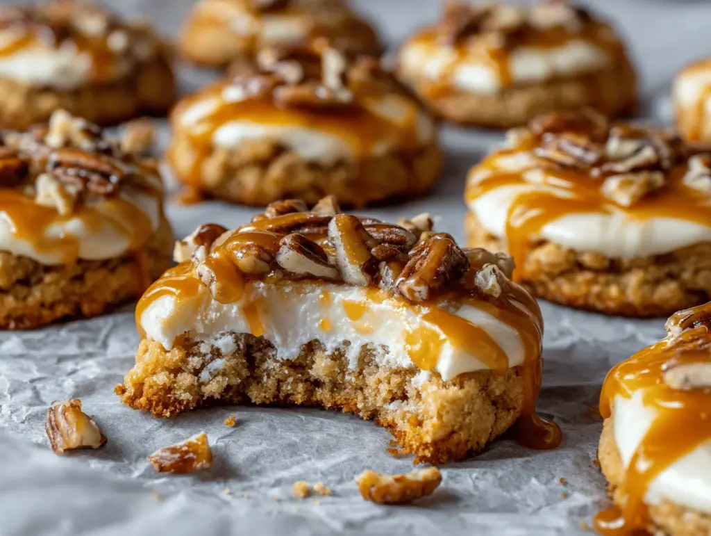 brown butter salted caramel pecan cheesecake cookies - featured image