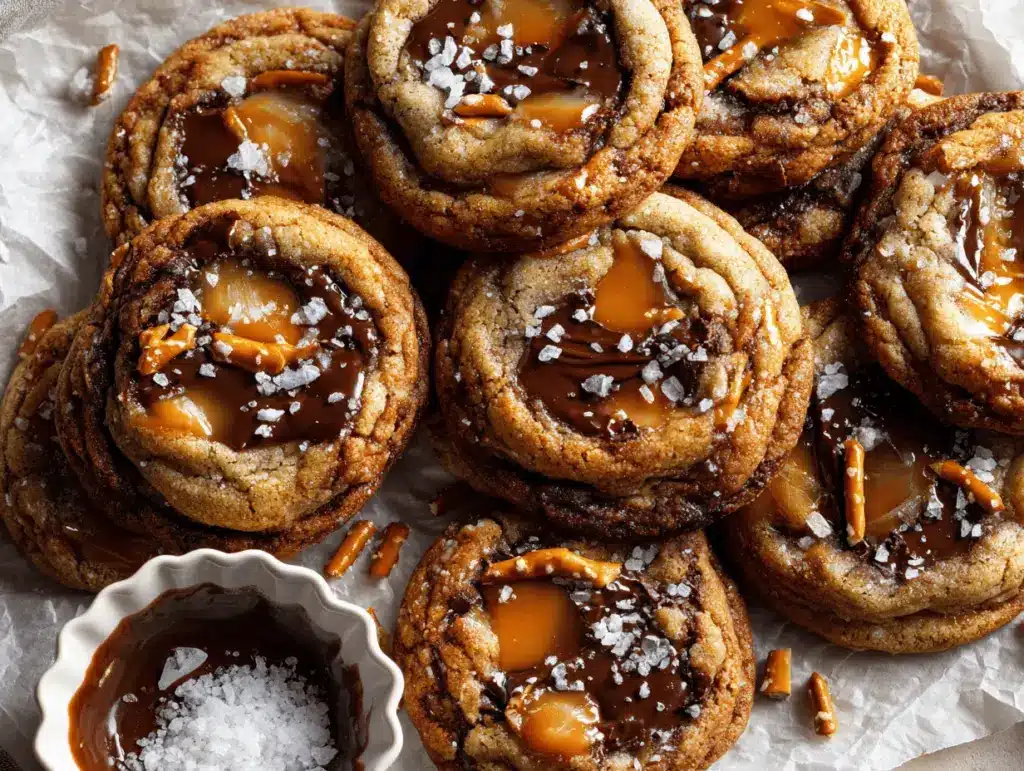 brown butter salted caramel pretzel chocolate chip cookies - featured image
