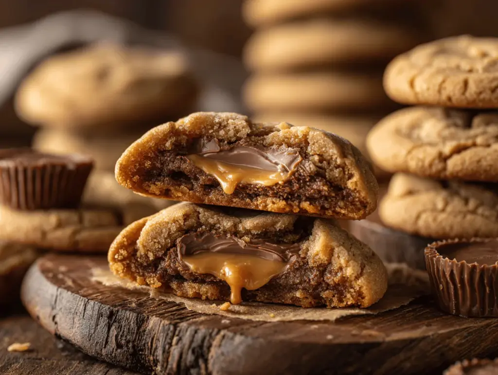 brown butter stuffed peanut butter cup cookies - featured image