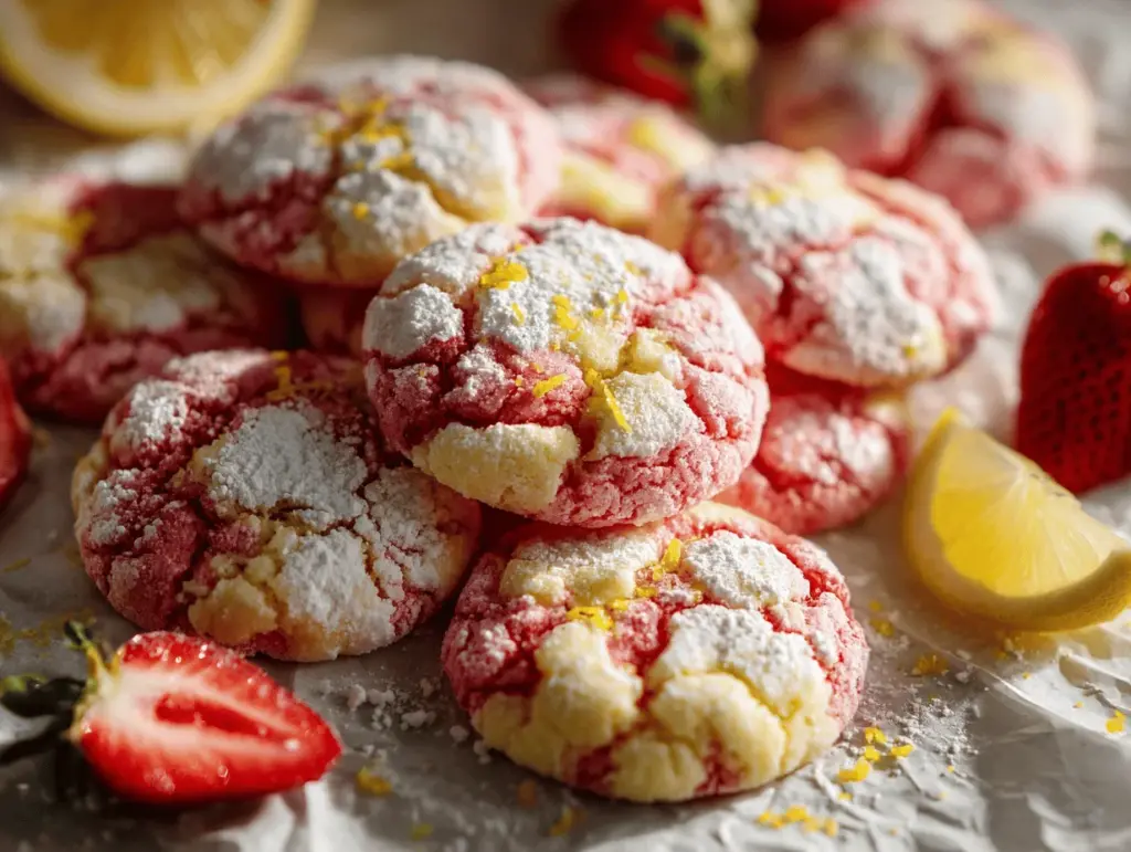 strawberry lemonade crinkle cookies - featured image