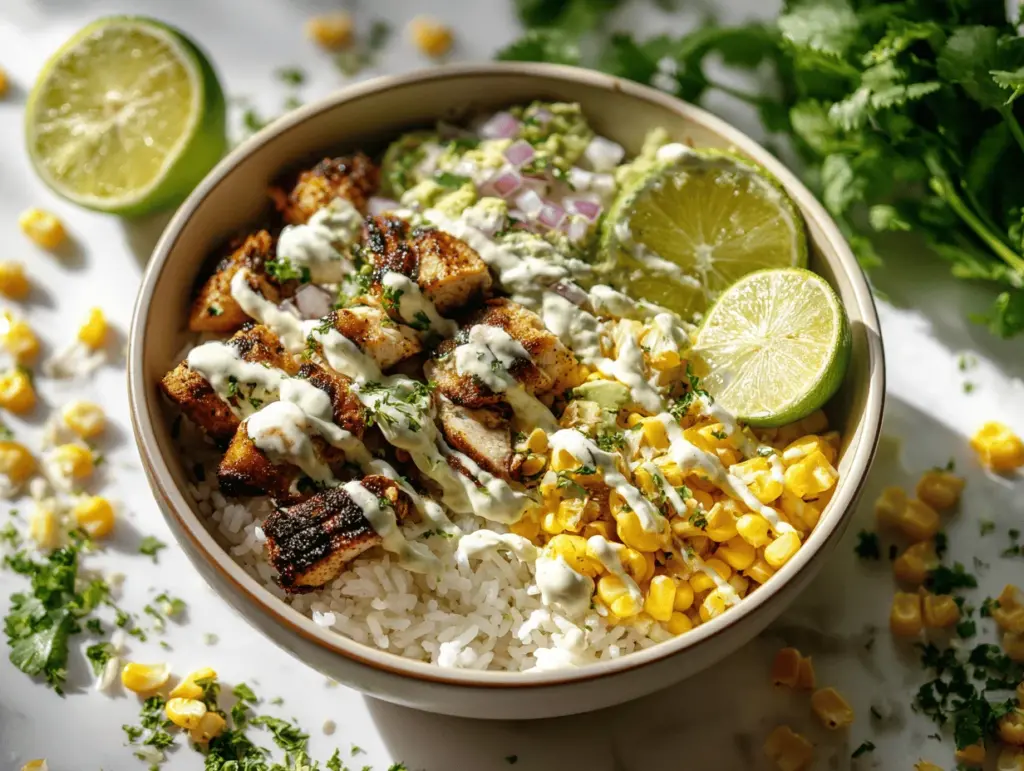 street corn chicken rice bowl - featured image