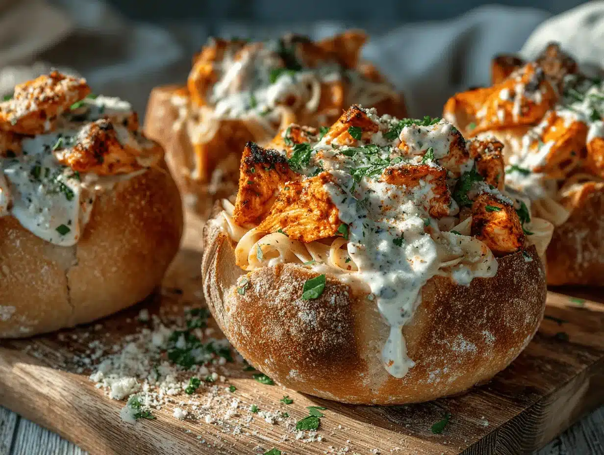 Buffalo Chicken Alfredo Bread Bowls preparation steps