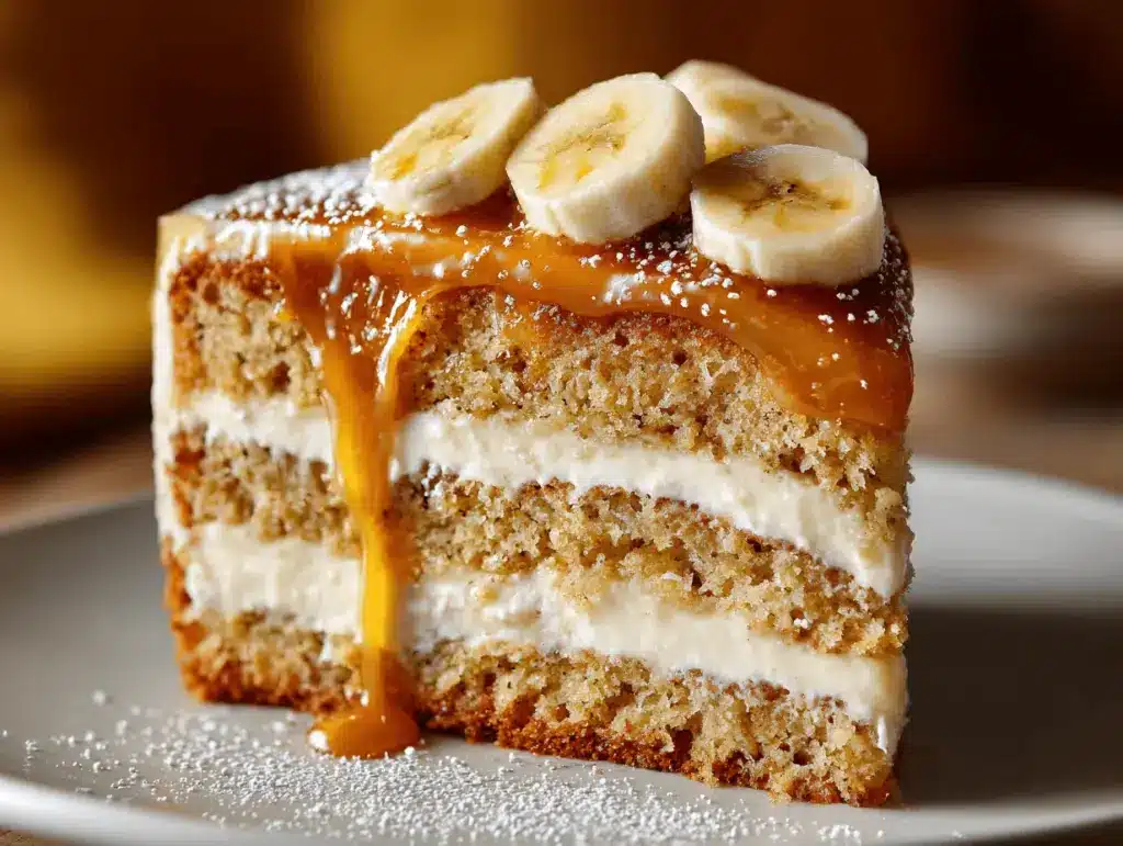 caramel banana layer cake - featured image