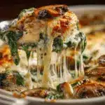 cheesy chicken spinach mushroom bake - featured image