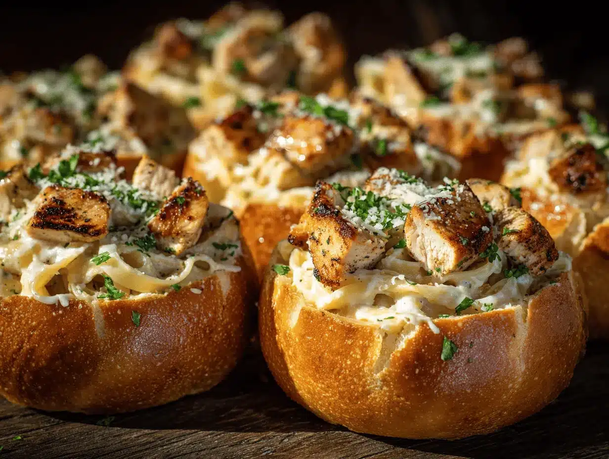 chicken Alfredo garlic bread bowls preparation steps