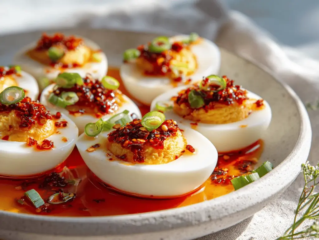 chili garlic deviled eggs - featured image