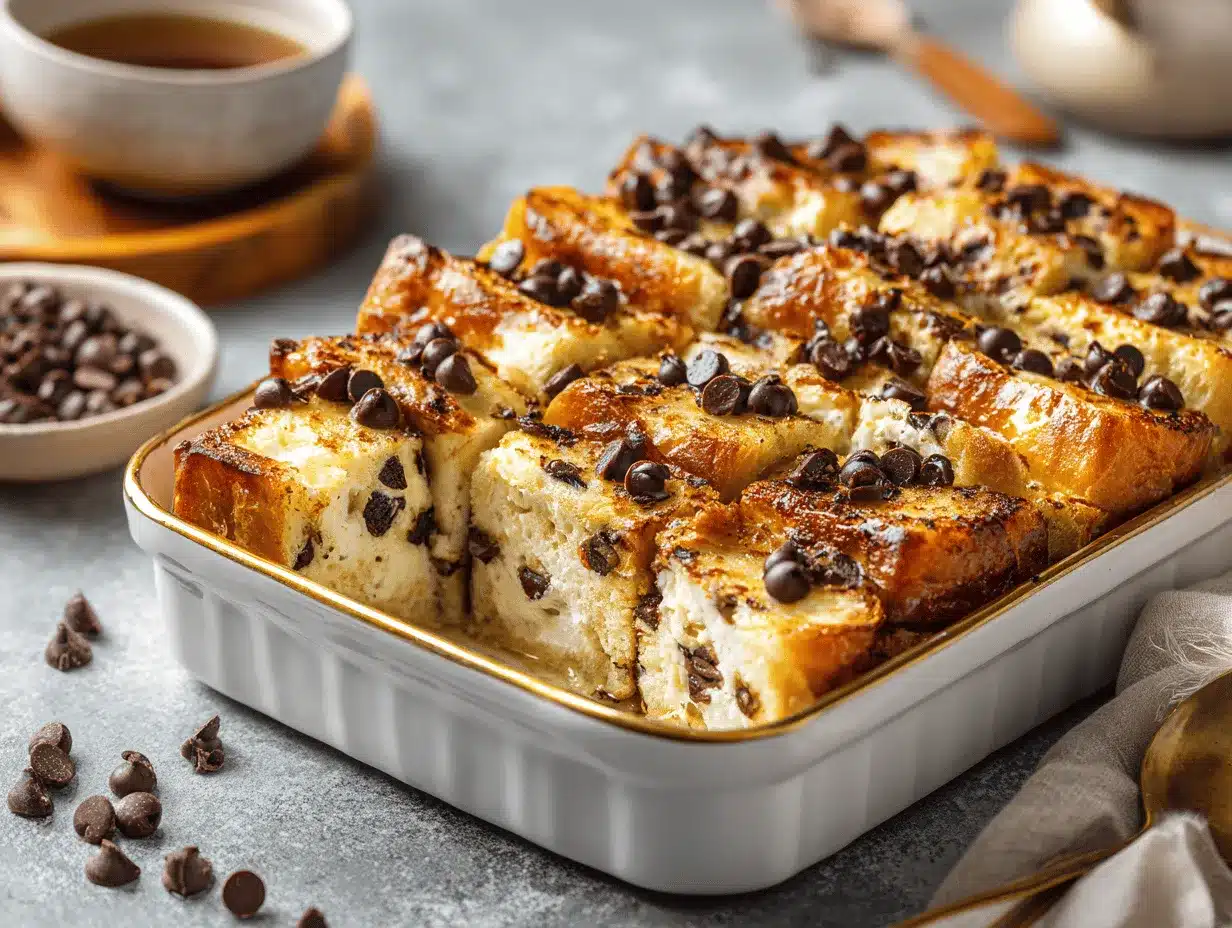 Chocolate Chip Vanilla Custard Brioche French Toast Bake preparation steps