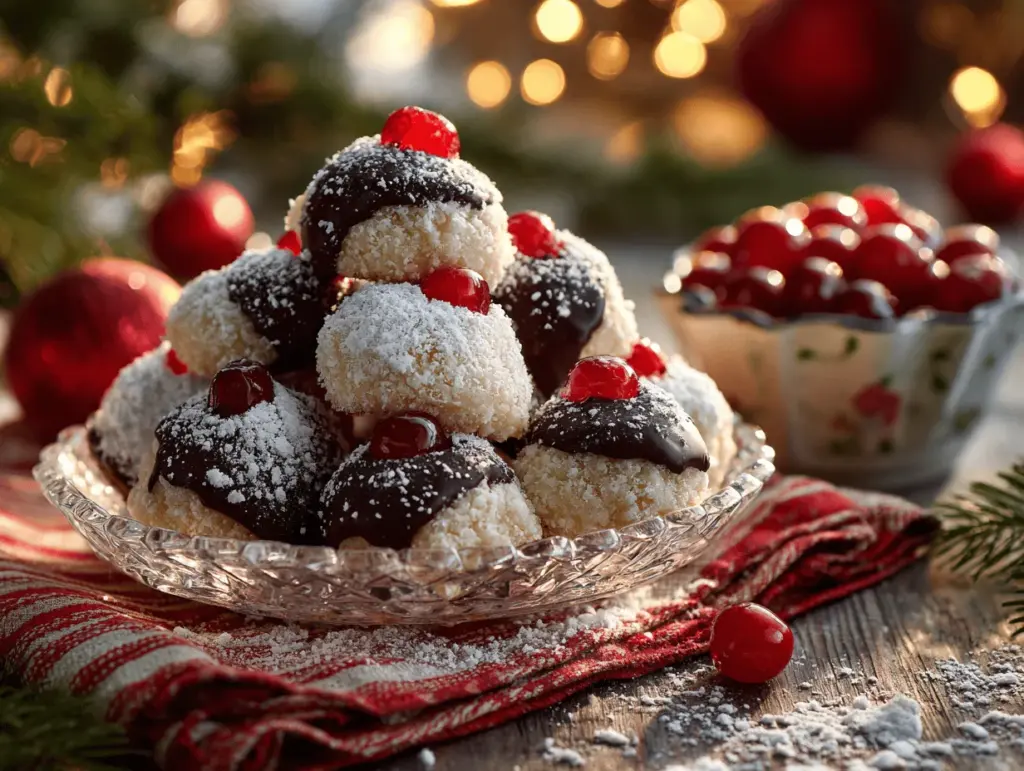 Chocolate-Dipped Maraschino Cherry Snowball Cookies - featured image
