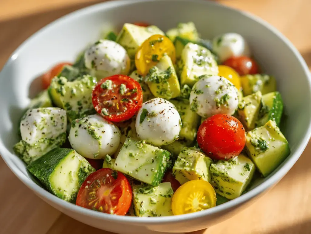 creamy avocado ranch cucumber Caprese salad - featured image