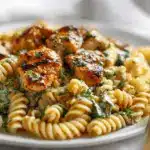 creamy garlic parmesan chicken pasta bake - featured image