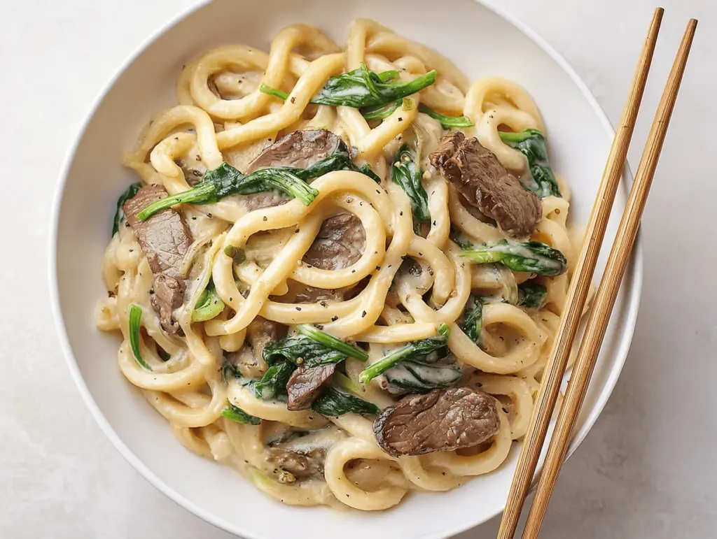 creamy garlic pepper steak udon - featured image