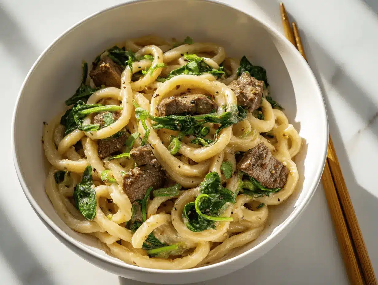 creamy garlic pepper steak udon preparation steps