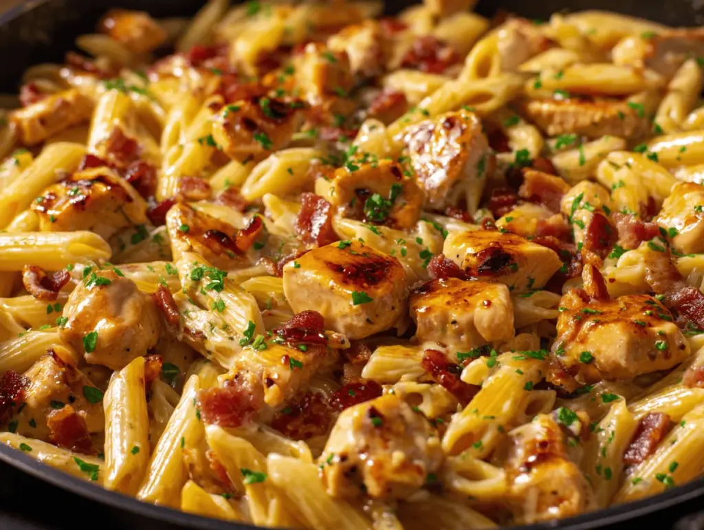 creamy honey BBQ chicken bacon penne - featured image