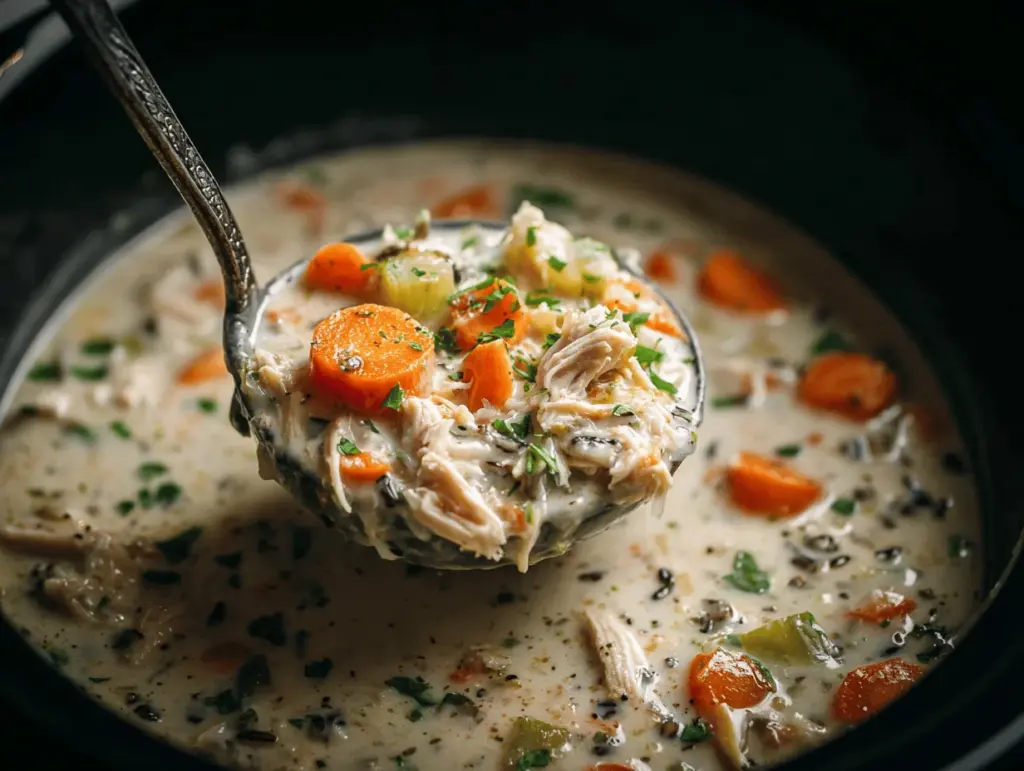 crockpot creamy chicken and wild rice soup - featured image