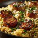 garlic butter sausage orzo - featured image