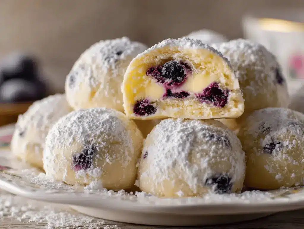 lemon blueberry cheesecake snowball cookies - featured image