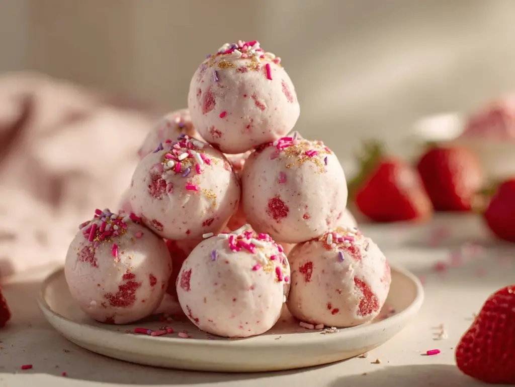 strawberry cheesecake protein balls - featured image