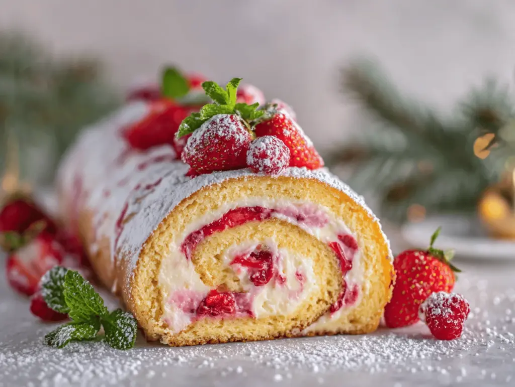 strawberry cheesecake swirl yule log - featured image
