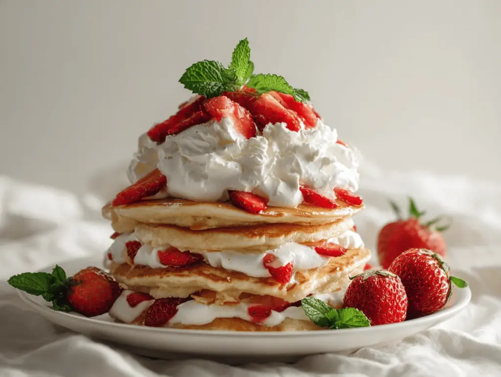 strawberry shortcake pancake stack - featured image