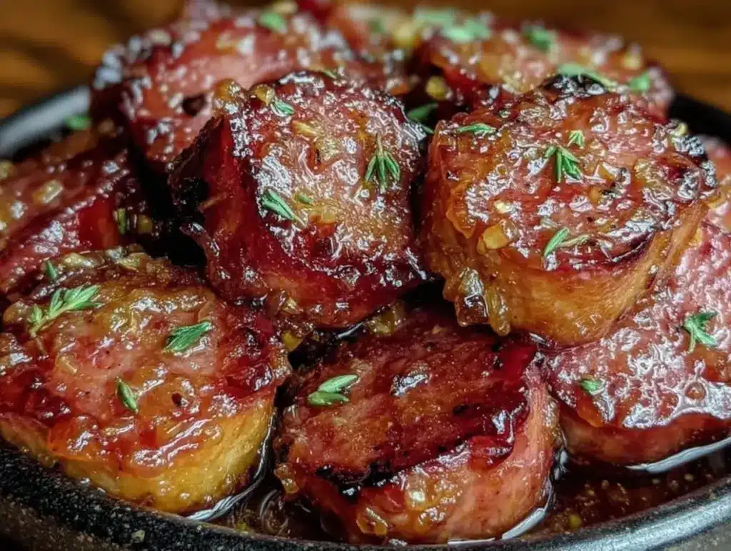 brown sugar bourbon glazed kielbasa bites - featured image