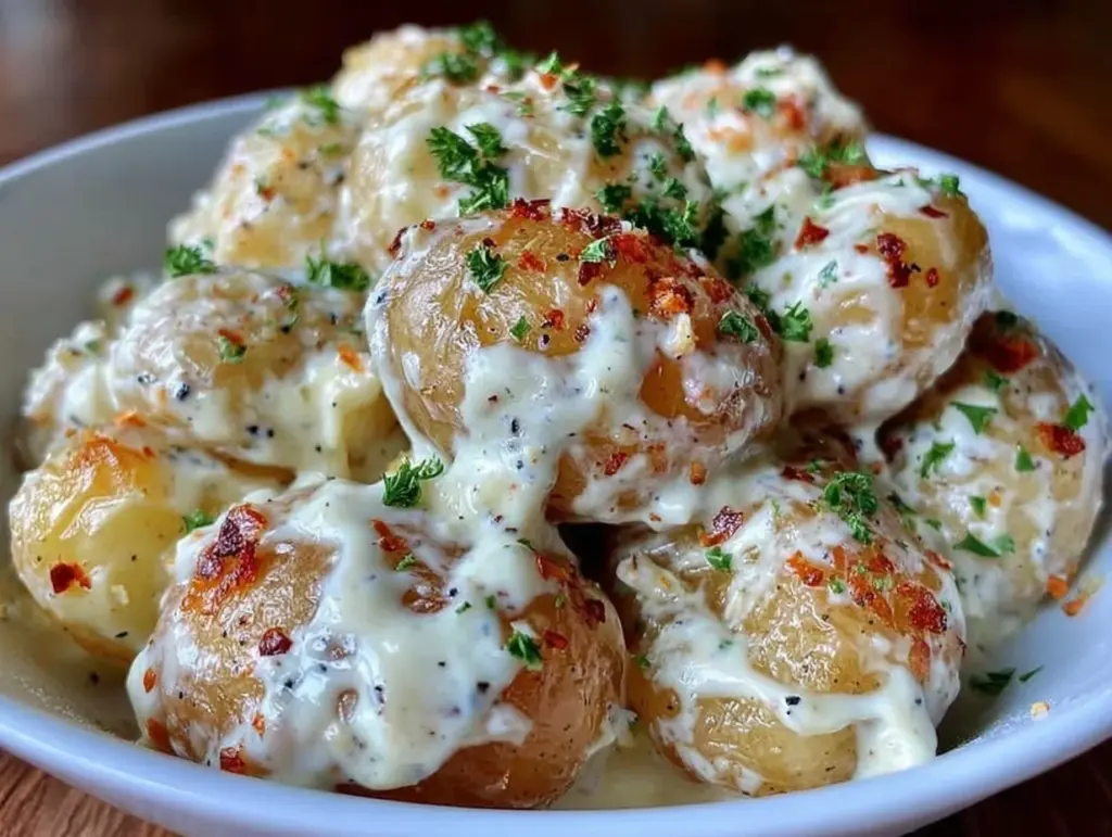 creamy garlic sauce baby potatoes - featured image