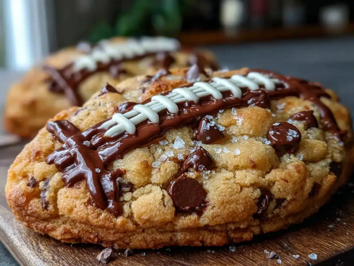 football-shaped chocolate chip cookie cake preparation steps