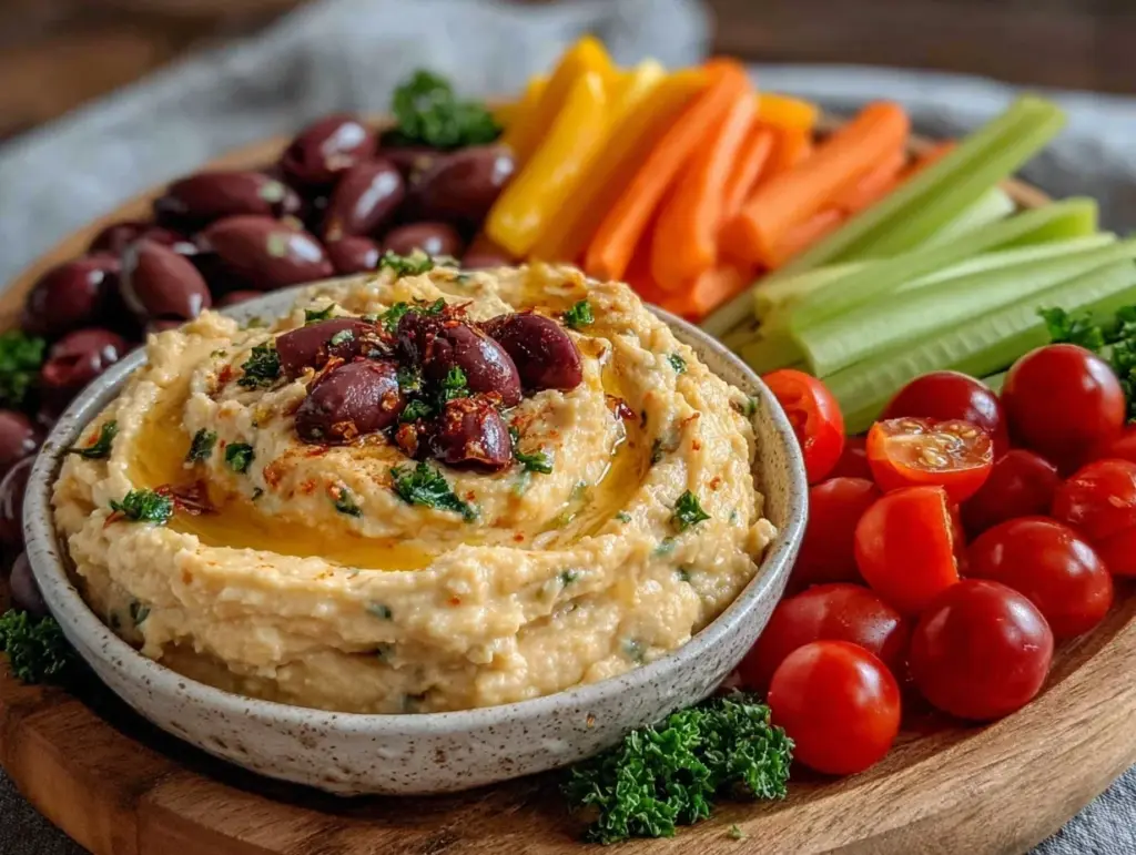 healthy snack board with hummus and veggies - featured image