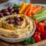 healthy snack board with hummus and veggies - featured image