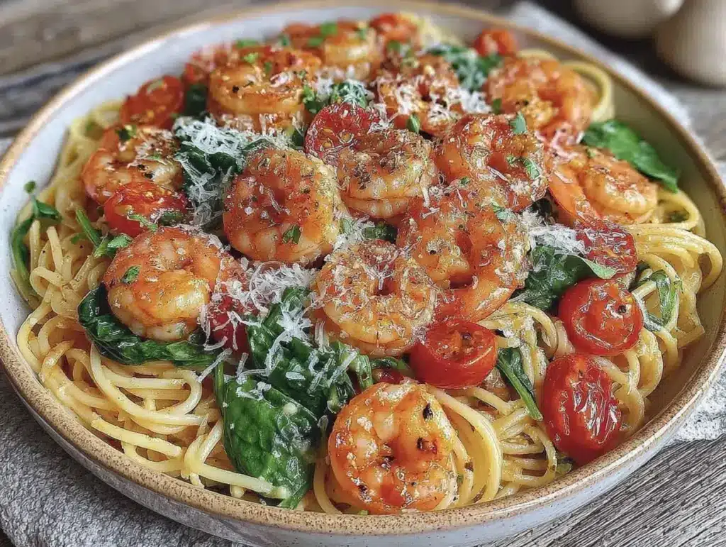 Healthy Tomato Spinach Shrimp Pasta - featured image