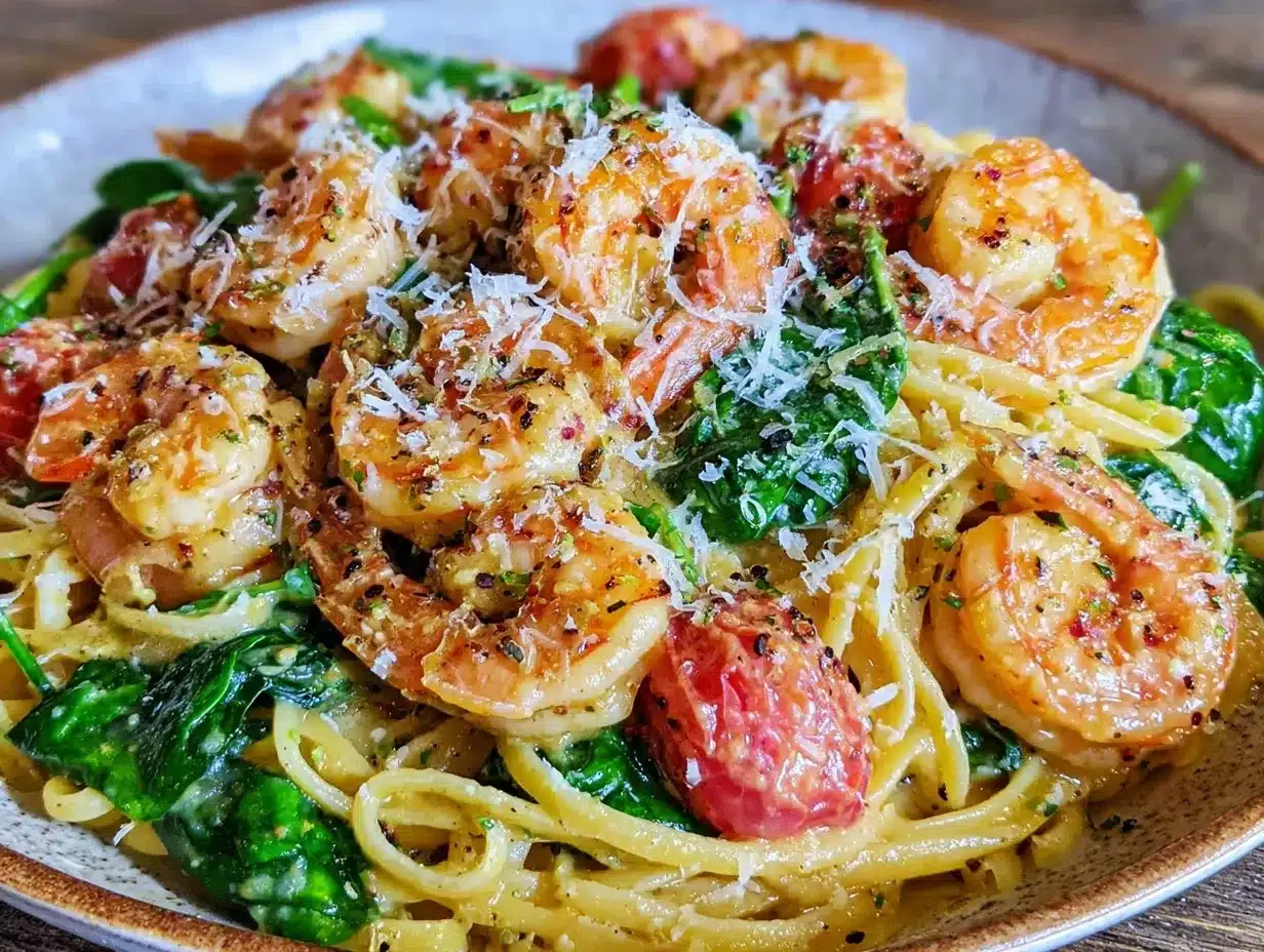 Healthy Tomato Spinach Shrimp Pasta preparation steps