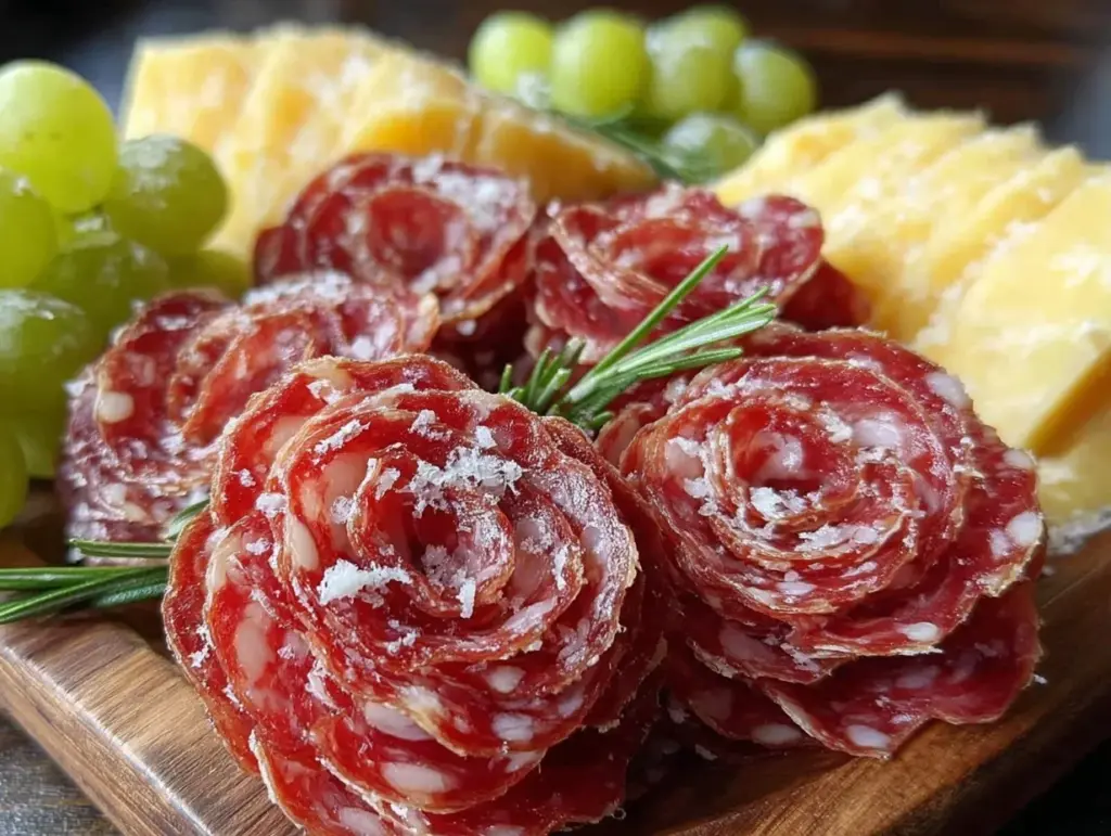 heart-shaped charcuterie board with salami roses - featured image