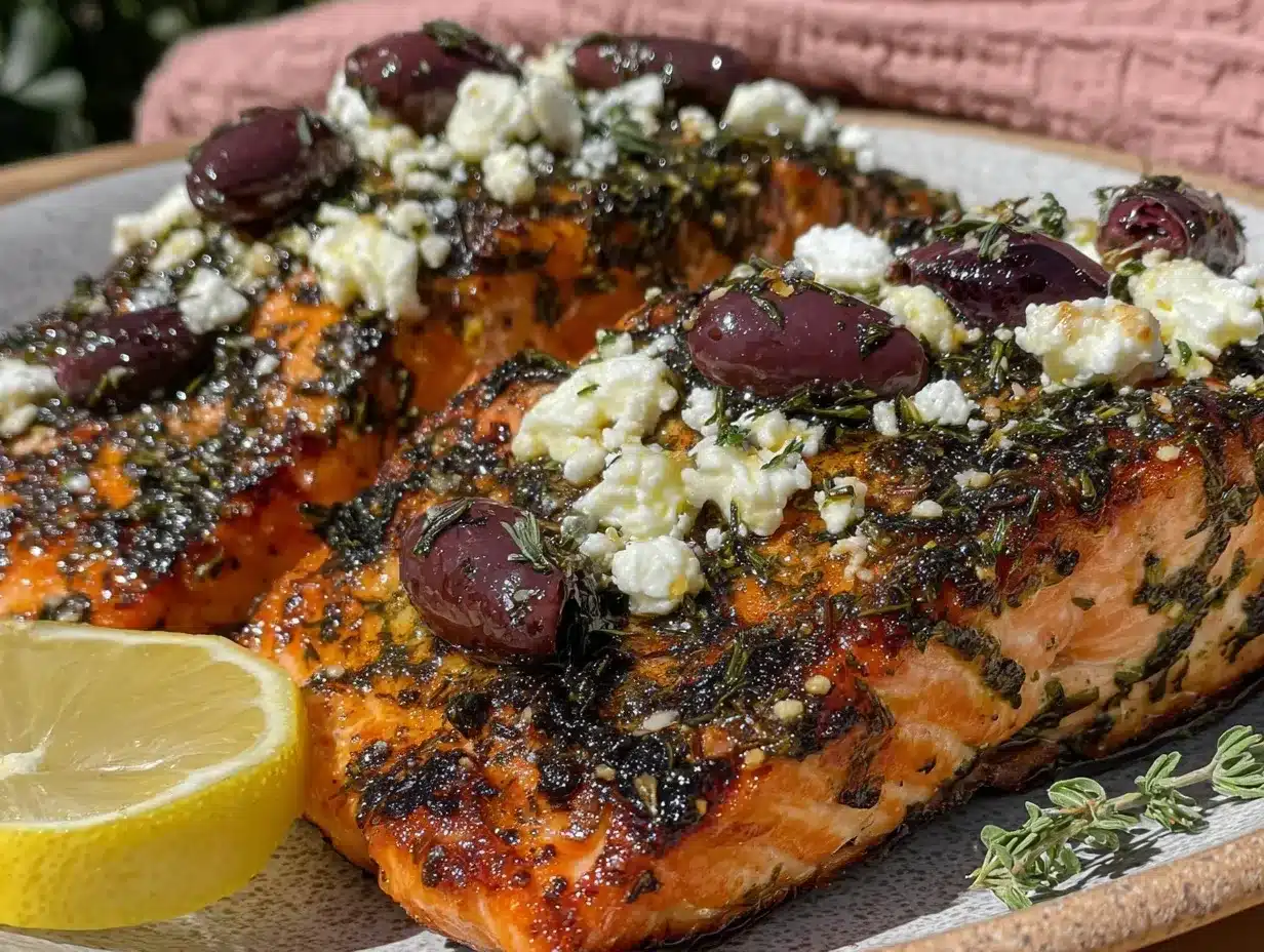 Mediterranean baked salmon with feta and olives preparation steps
