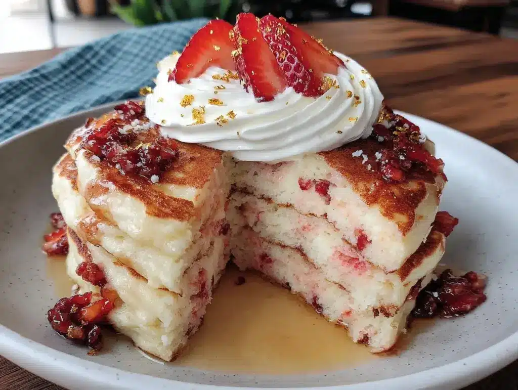 pink strawberry mimosa pancakes - featured image