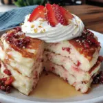 pink strawberry mimosa pancakes - featured image