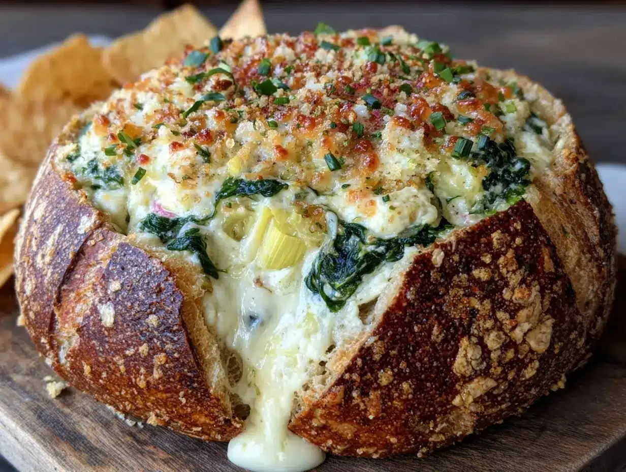 spinach and artichoke dip bread bowl preparation steps