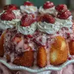 strawberry champagne poke cake - featured image