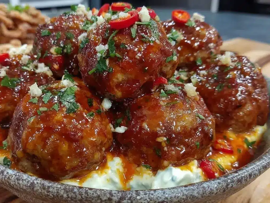 buffalo party bowl turkey meatballs - featured image
