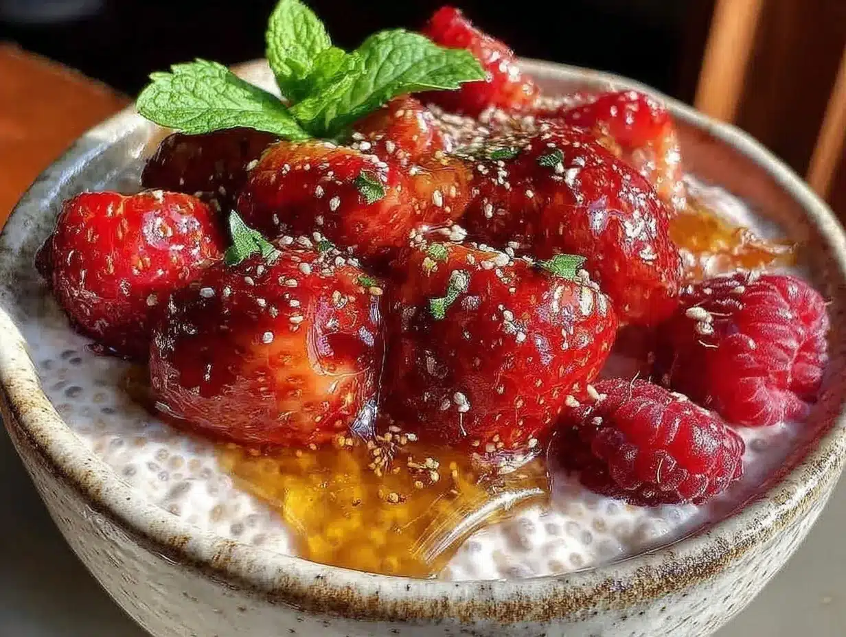 creamy chia pudding with raspberries preparation steps