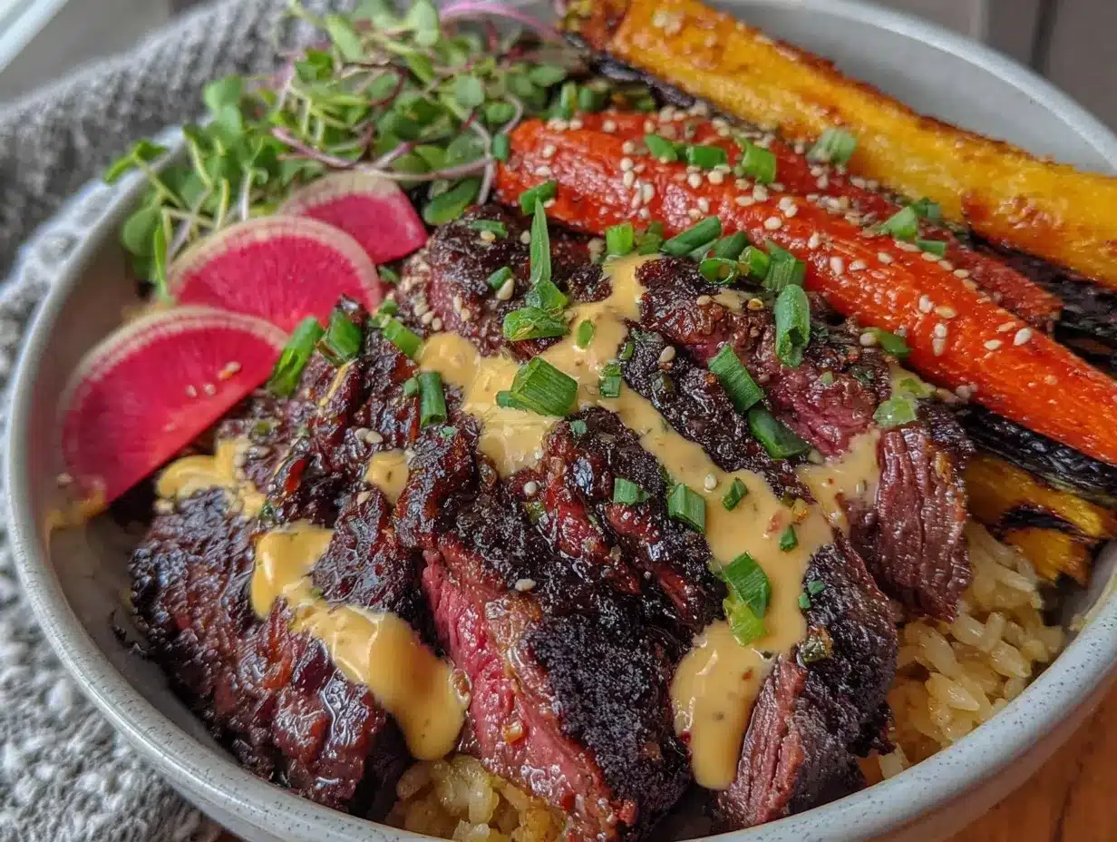 Galentines Cocktails Nourish Bowl with Steak Strips preparation steps