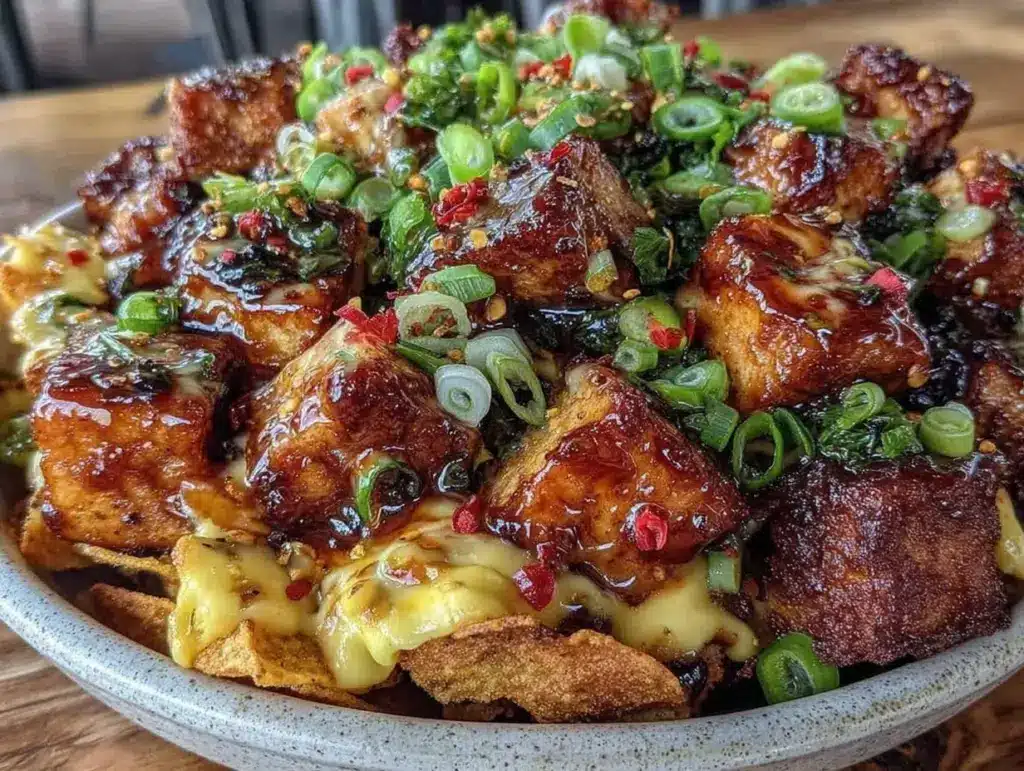 loaded nacho bowl with spicy tofu - featured image