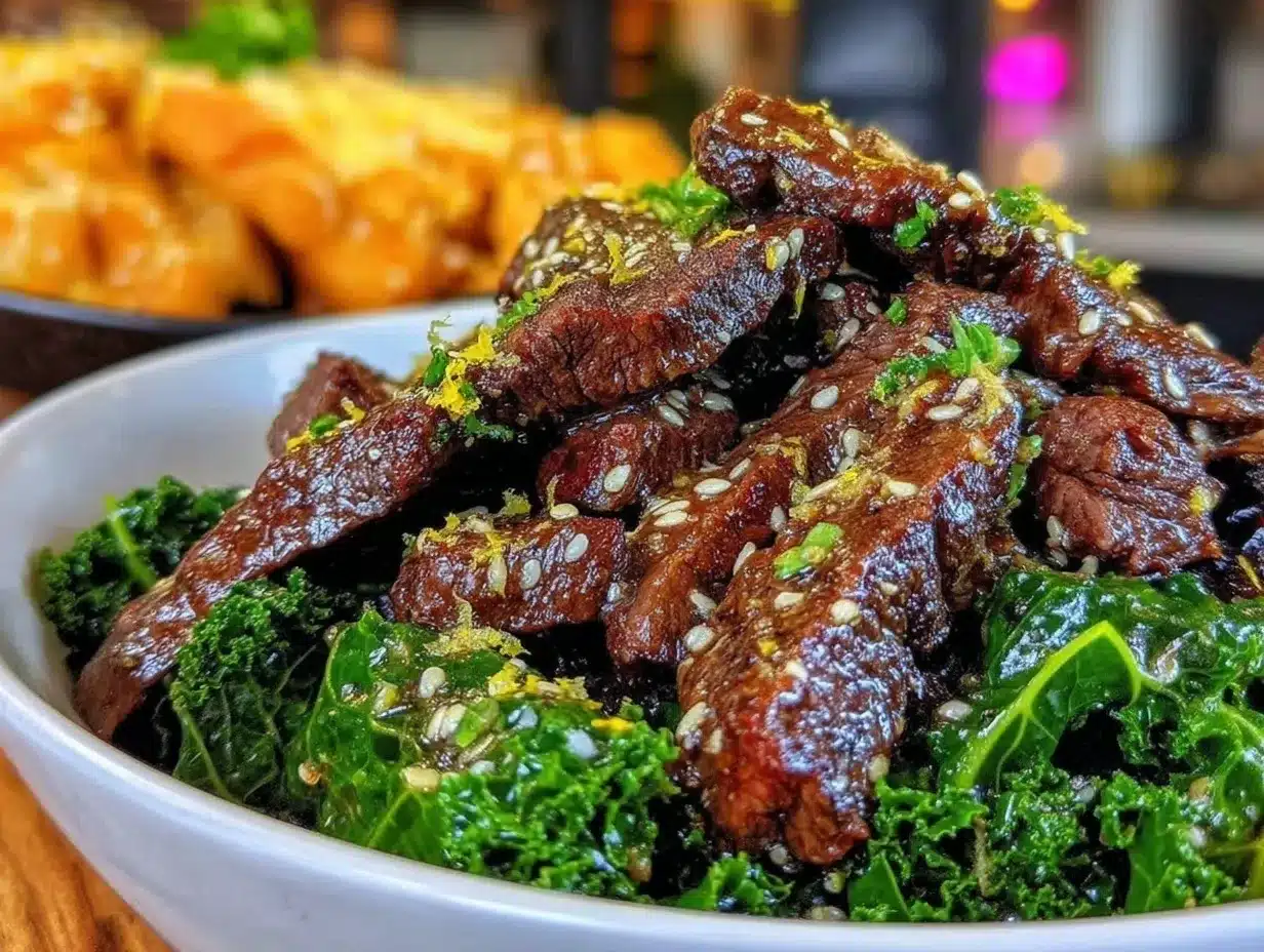 new years meal dinner bowl with steak strips preparation steps