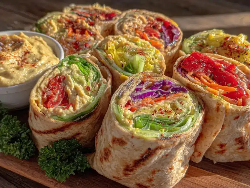 rainbow veggie hummus wraps - featured image