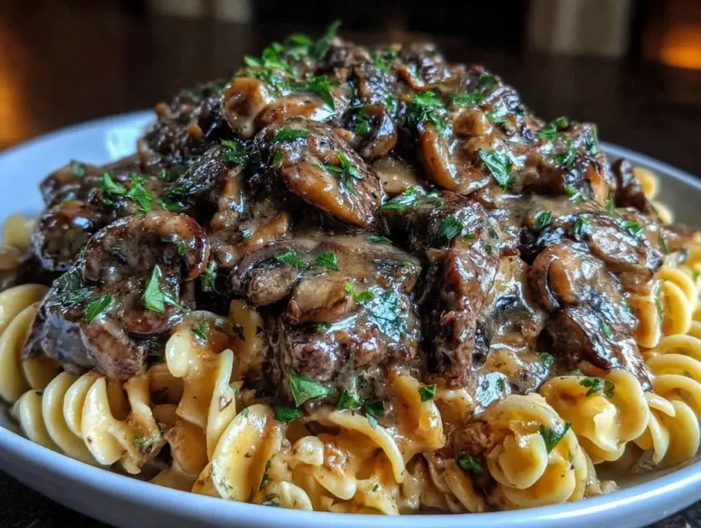 creamy beef and mushroom stroganoff - featured image