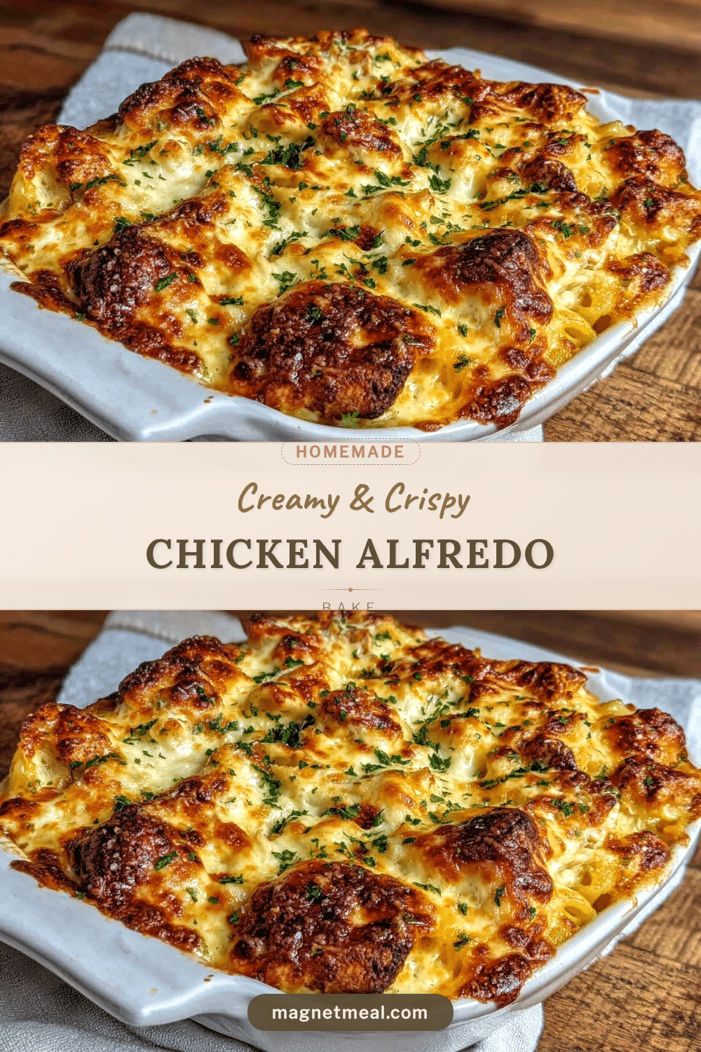 Creamy Crispy Chicken Alfredo Pasta Bake recipe