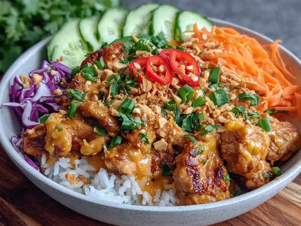creamy thai peanut chicken bowl - featured image