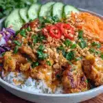 creamy thai peanut chicken bowl - featured image