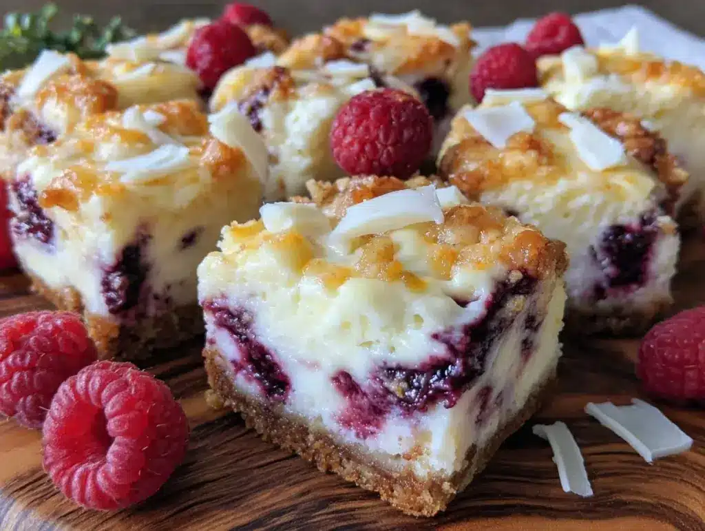 creamy white chocolate raspberry cheesecake bars - featured image