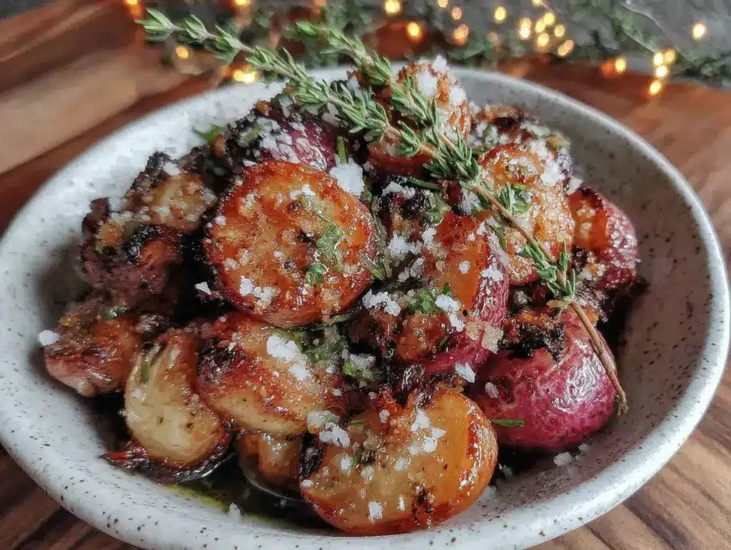 crispy garlic roasted radishes - featured image